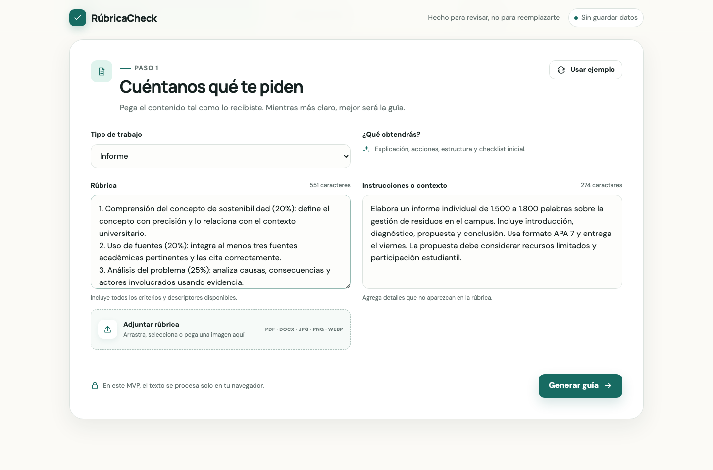 Ejemplo cargado en RubricaCheck